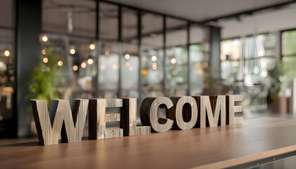 welcome sign on a desk symbolizes a friendly onboarding process in a modern office