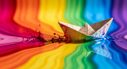 Paper boat sailing on a rainbow river of colors.