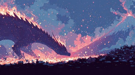Fantasy artwork depicts a dragon soaring above a burning city and mountains at dusk