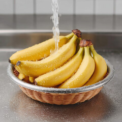 Fresh Bananas Being Washed in a Bowl with Water Splash on a Light Background