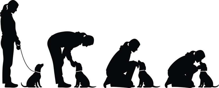 Silhouette of woman training and loving her dog, pet obedience concept, human animal bond, friendship, outdoor pet care illustration