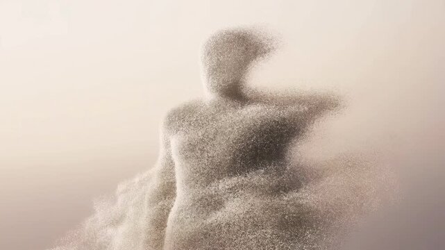 Cloud of fine particles swirling, gradually coalescing into a human silhouette