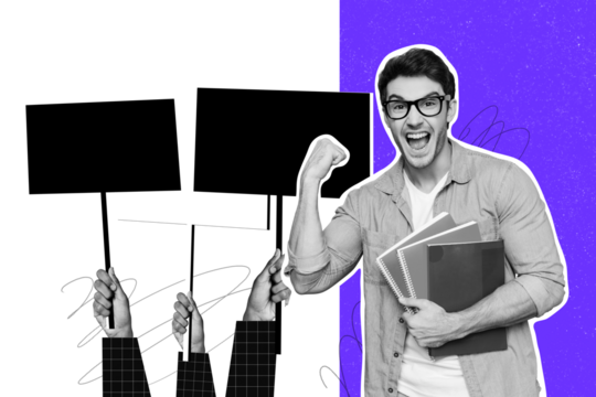 Exclusive sketch collage of excited man president hold notepad show fist gesture power election picket crowd hands support vote riot