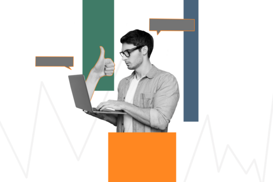 Poster sketch image artwork 3D photo collage of goal business target analyzing success young man work laptop remote speech cloud chatting