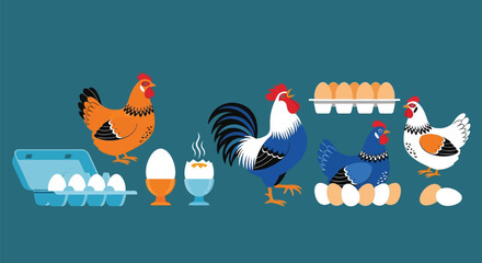 Fresh eggs and chickens farm illustration vector graphic design