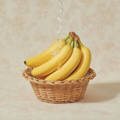 Fresh Bananas in Woven Basket with Water Splashing on Yellow Fruit