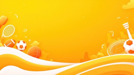 Abstract illustration featuring sports equipment with a vibrant yellow gradient background