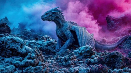 Fantasy artwork depicts a dragon in a dreamlike setting with colorful hues