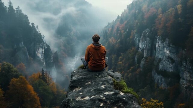 Man meditating on a cliff edge overlooking a foggy canyon