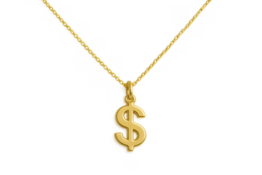 Golden dollar sign pendant necklace symbolizing wealth, success, finance, and investment, isolated on transparent background