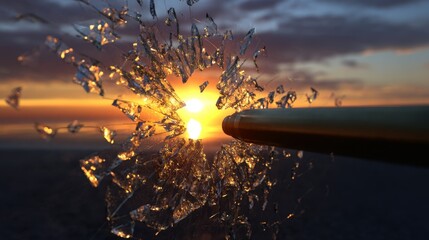 Shattering Glass: High-Speed Capture of Bullet with Golden Hour Glow, Minimalist Design