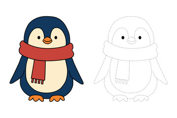 Cute penguin coloring pages for kids printable. Trace and color penguin wear scarf. Penguin winter animal flashcard. Winter illustration simple coloring page. Trace and color for kids, penguin vector.