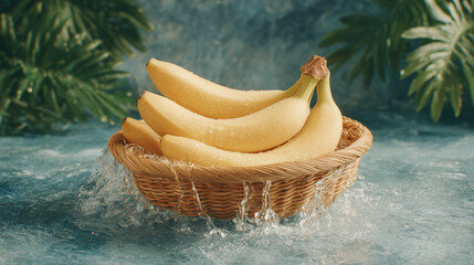 Fresh Bananas in a Woven Basket Surrounded by Tropical Leaves and Water Splashing
