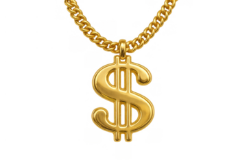 Gold dollar sign pendant hanging from a chain displaying wealth, money, and success, transparent background