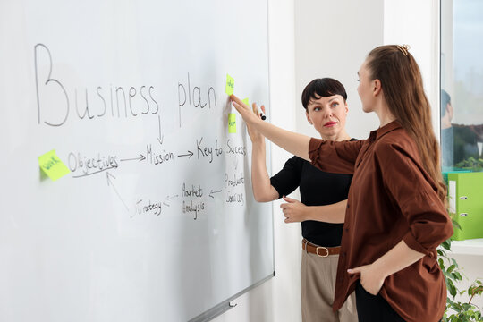 Business process. Colleagues discussing strategy near whiteboard in office