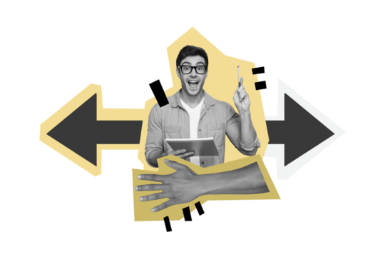 Creative artwork template sketch image collage of book hobby study education student young guy smile finger up nice idea copybook eyewear