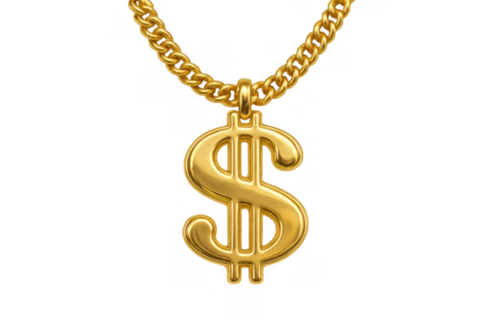 Gold dollar sign pendant hanging from a chain displaying wealth, money, and success, transparent background