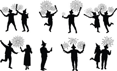 Silhouettes of people celebrating with party hats, drinks, sparklers, fireworks, festive poses, joyful mood, New Year vector celebration art