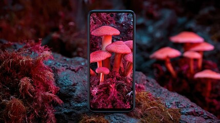 Smartphone displays vibrant image of red mushrooms amidst mossy earthy surroundings