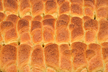 A full-frame close-up shot captures rows of freshly baked, golden-brown crescent-shaped yeast rolls sprinkled with sesame seeds