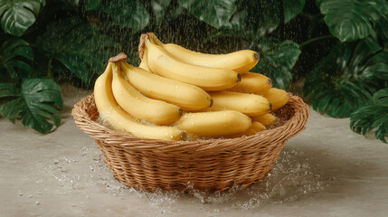 Fresh Bananas in a Woven Basket Surrounded by Tropical Greenery and Splashing Water