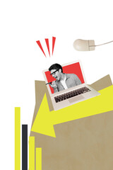 Composite trend artwork collage of business office manager young man bossy talk phone arrow show direction trader money loss bankruptcy