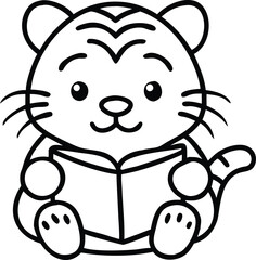 cute baby tiger reading book cartoon outline 