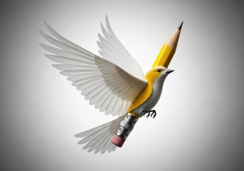 A creative concept of a bird with pencil wings and body, symbolizing freedom of expression and imagination, isolated on a white background
