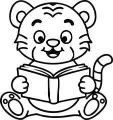 cute baby tiger reading book cartoon outline 