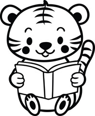 cute baby tiger reading book cartoon outline 