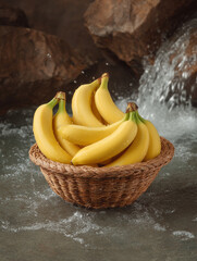 Fresh Bananas in a Woven Basket with Waterfall Background in Nature Setting