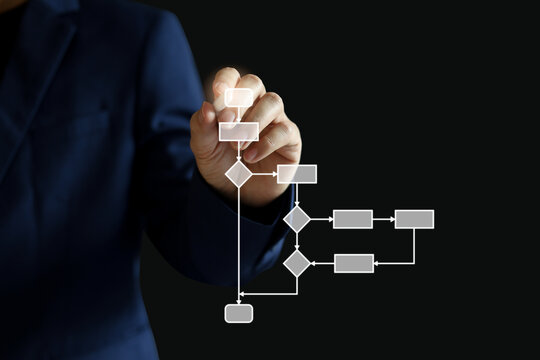 close up manager executive man check digital screen tablet with virtual workflow to create solution and decide about solving problem with logic strategy for improve and analyse business concept