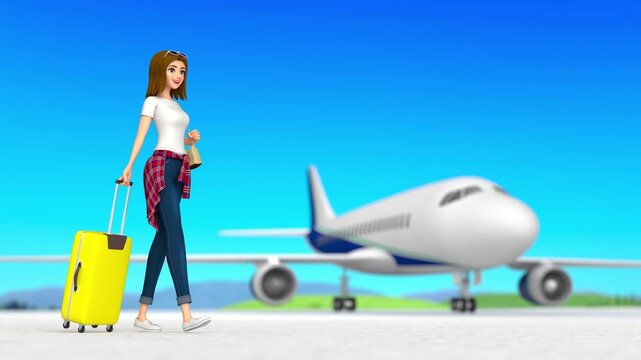 A woman boarding a plane to go on a trip.
She walks on and on without stopping, forever.