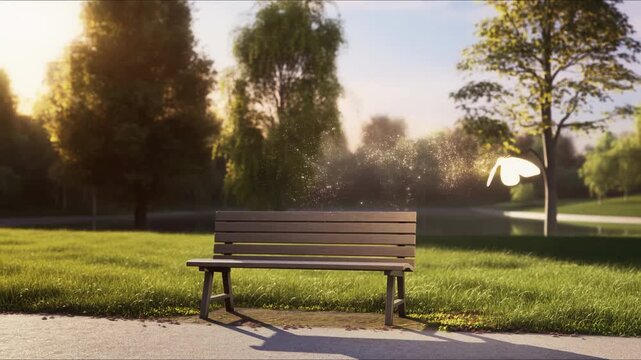 A peaceful park setting features a simple wooden bench facing a calm lake. Tall trees and vibrant grass surround the area, glowing in the warm afternoon light, inviting relaxation