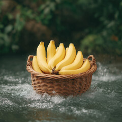 Fresh Bananas in a Woven Basket Surrounded by Glistening Water and Lush Greenery