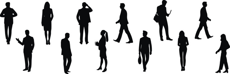 Business people silhouettes standing and walking, corporate communication concept, teamwork illustration, professional office workers group, 