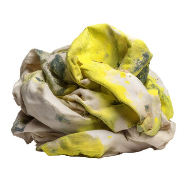 A crumpled pile of stained beige and yellow fabric representing contaminated material isolated on white