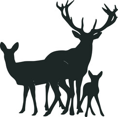 Deer family silhouette with stag doe and fawn, wildlife forest animal illustration, nature vector design, wilderness and outdoor concept