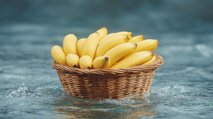 Fresh Bananas in Rattan Basket Floating on Calm Water Surface Under Bright Daylight