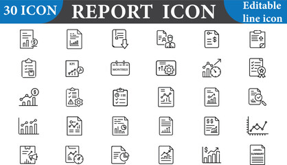 A versatile report icon set designed for business and finance projects. This set includes a variety of icons, perfect for enhancing presentations and reports.