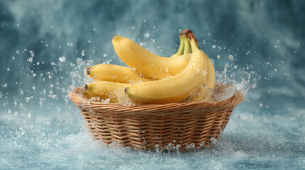 Fresh Bananas Splashing in Water with Wicker Basket on a Blue Background