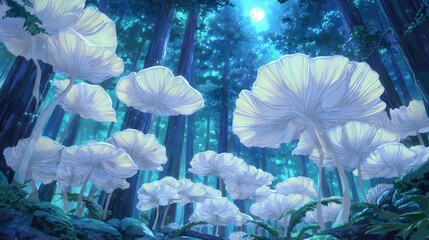 Fantasy forest scene depicts giant white mushrooms illuminated by moonlight