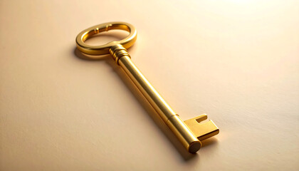 Golden key placed on beige background, elegant minimal composition symbolizing opportunity and success