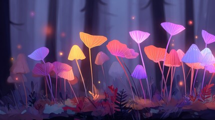 Colorful animated mushrooms illuminated in a mystical forest at night