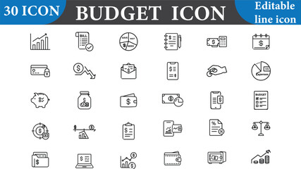 This budget icon set features editable line icons. Perfect for illustrating financial planning, business accounting, and money management. Isolated on white background.