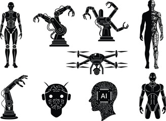 Silhouettes of robots, cyborgs, AI heads, drones, and robotic arms showcasing futuristic technology, artificial intelligence, and machine integration vector