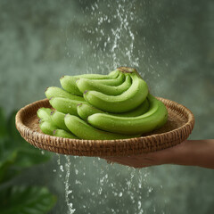 Fresh Green Bananas in a Basket Under Water Splash with Green Background