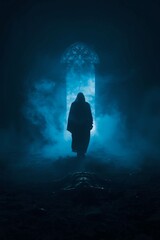 Fototapeta premium Silhouette of a lone man walking through thick blue fog at night.