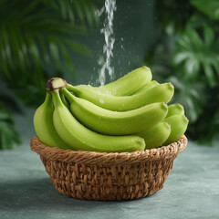 Fresh Green Bananas in a Woven Basket with Water Splash on a Natural Background