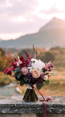 A bridal bouquet rests on a stone ledge, with a blurred natural scene behind. It features burgundy, pink, and white blossoms, with autumnal hues